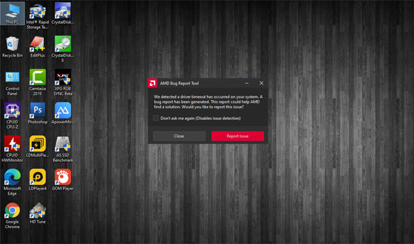 AMD Bug Report Tool : We detected a driver timeout has occurred on your system. A bug report has been generated. This report could help AMD find a solution. Would you like to report this issue?