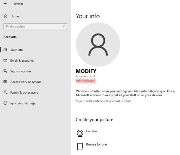 Account info Windows 10