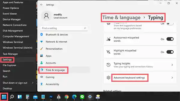 Advanced keyboard settings Windows 11