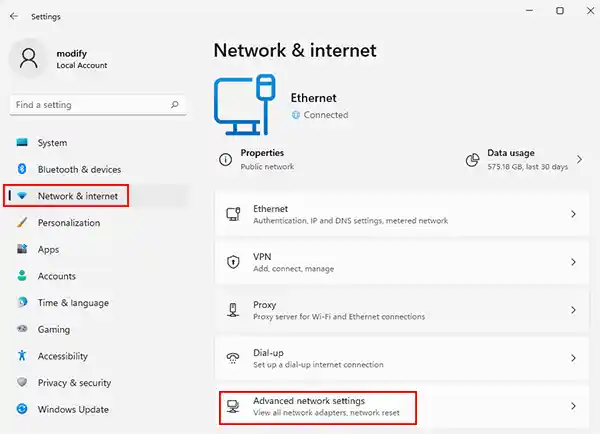 Advanced network settings Windows 11