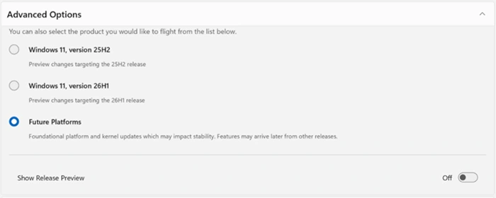 Feature Flags Advanced settings Windows Insider Program nes 2026