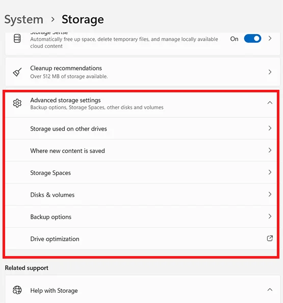 Advanced storage settings