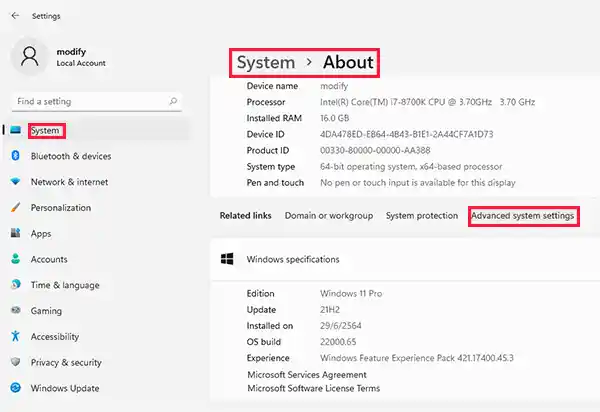 Advanced system settings Windows 11