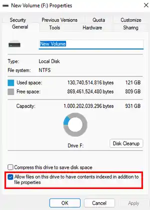 Allow files on this drive to have contents indexed in addition to file properties