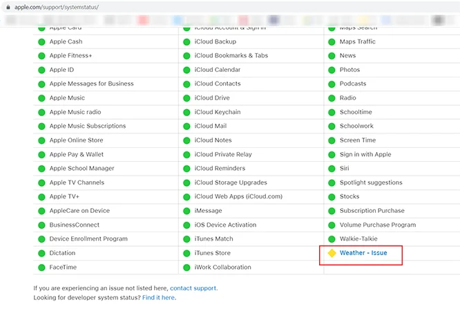 Apple System Status Weather Issue
