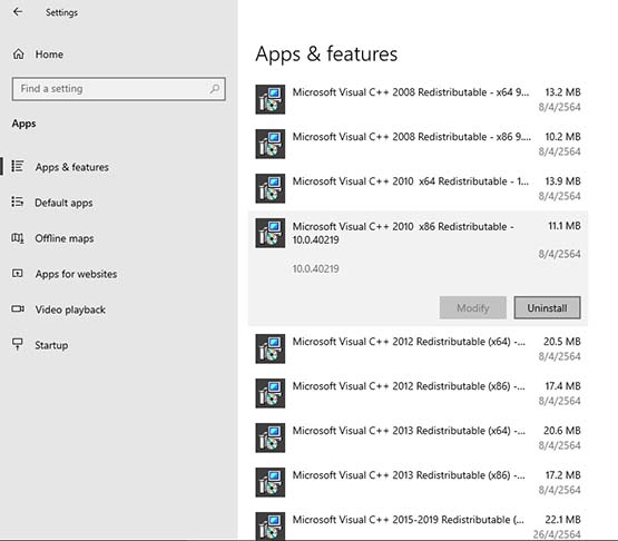 Apps and features Uninstall Visual C++
