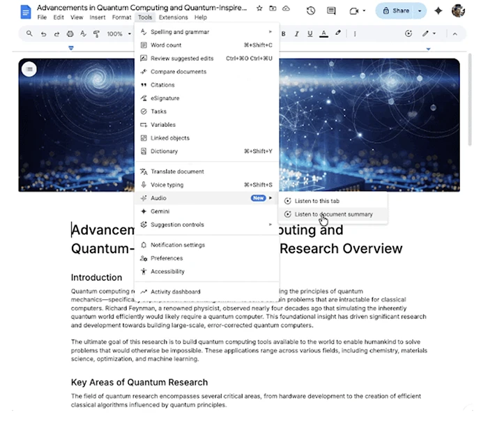 Audio summaries in Google Docs