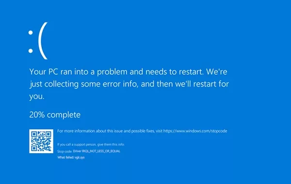 Your PC ran into a problem and needs to restart. We're just collecting some error info, and then we'll restart for you. "Driver IRQL_NOT_LESS_OR_EQUAL" ไฟล์ "vgk.sys"