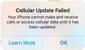 Cellular update failed Your iPhone cannot make or receive calls or access cellular data until it has been updated.