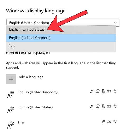 เปลี่ยน Windows display language