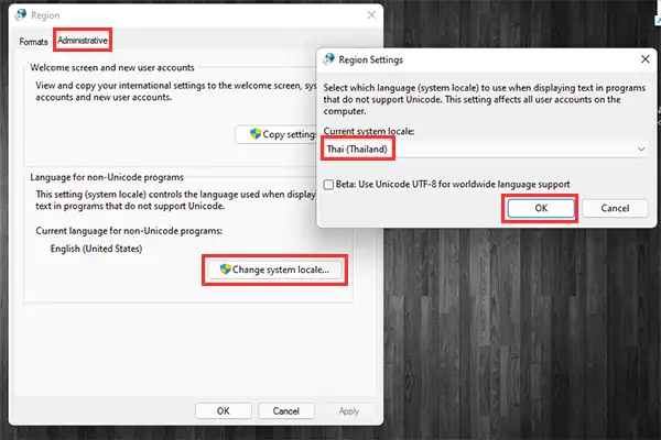 Change system locale Windows