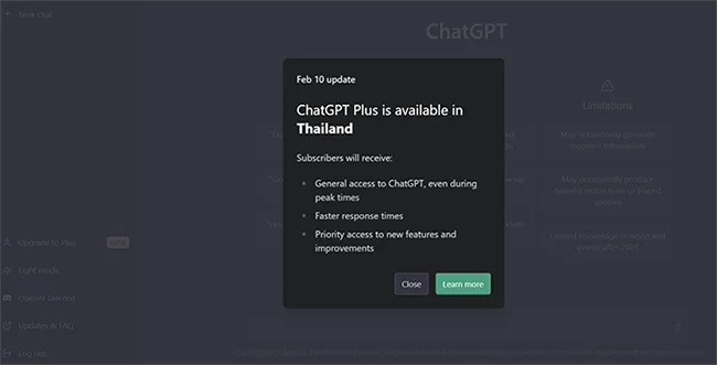 ChatGPT Plus is available in Thailand