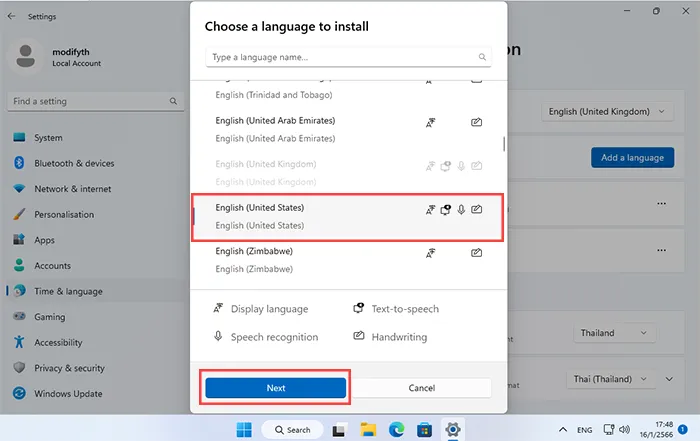 Choose a language to install English US Windows 11