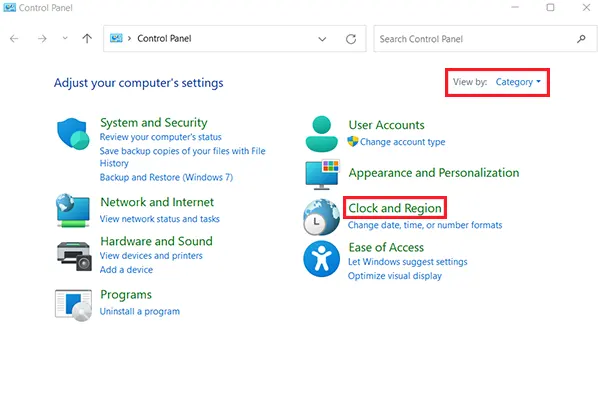 Clock and Region in Control Panel Windows 11