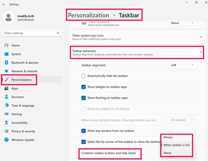 Combine taskbar buttons and hide labels Windows 11