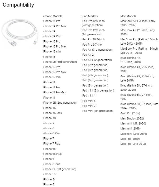 Compatibility USB-A to Lightning cable