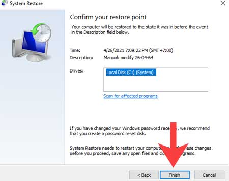 Confirm your restore point