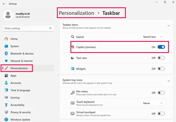 Copilot Taskbar setting Windows 11