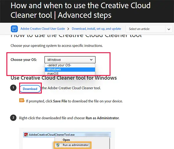 เครื่องมือ Creative Cloud Cleaner ดาวน์โหลด