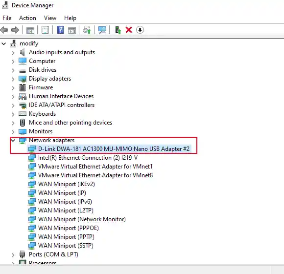 Device Manager Network adapters Wireless