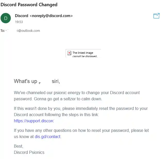 อีเมลแจ้งเตือนการเปลี่ยนรหัสผ่าน Discord