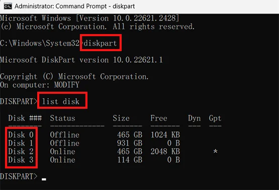 Diskpart list disk