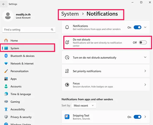 Do not disturb Setting Windows 11