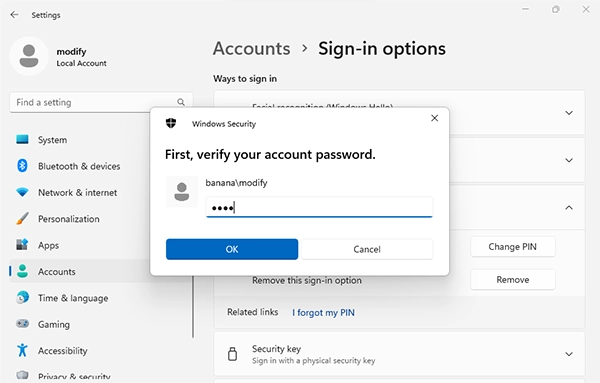ใส่รหัสผ่านเพื่อยืนยันการลบ PIN Windows 11