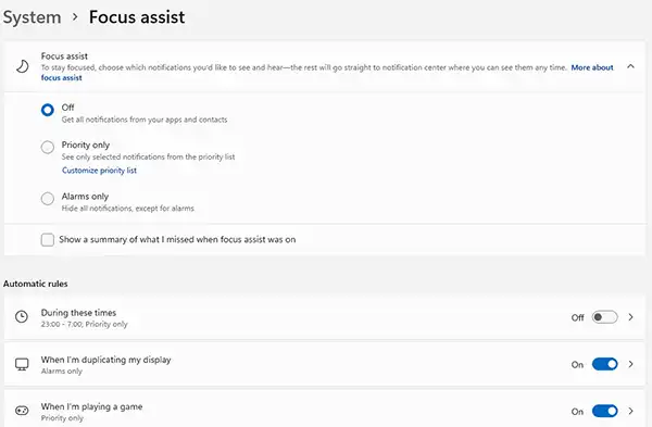 Focus assist Windows 11