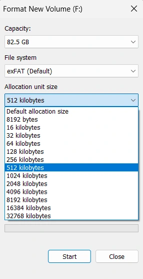 Format Flash Drive Allocation unit size