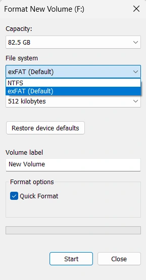 Format Flash Drive exFAT or NTFS