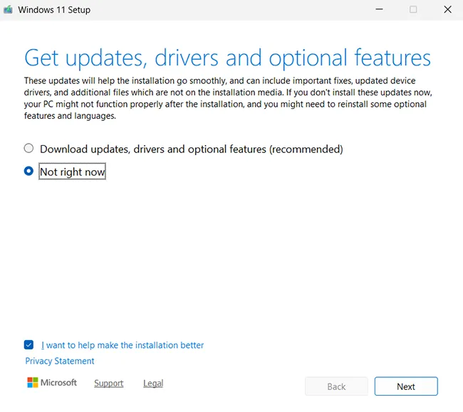 Get updates Driver and optional features Setup Windows 11