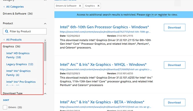 Intel Graphics Driver list