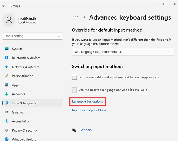 Language bar options Windows 11