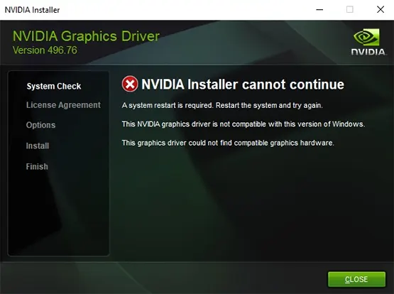 NVIDIA Installer cannot continue. this graphics driver could not find compatible graphics hardware