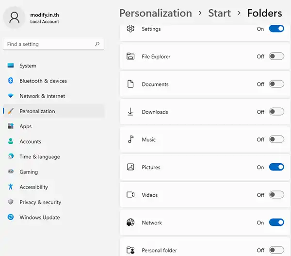 Personalization Start Folder Setting Windows 11
