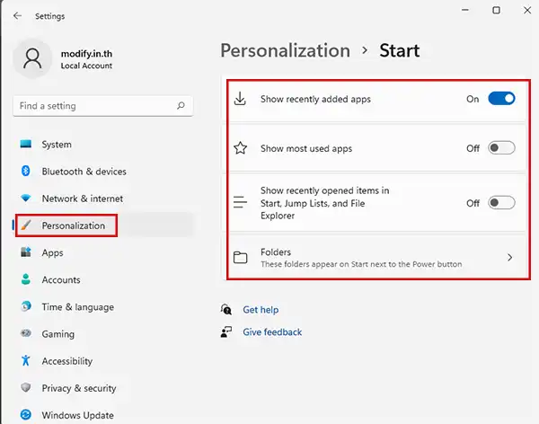 Personalization Start Settings Windows 11