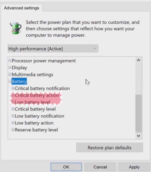 Power options Battery