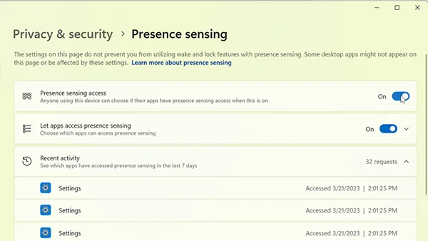 Windows 11 Presense sensing settings
