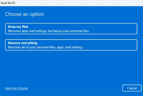 Reset this PC Choose an option Windows 11