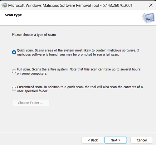 Run Microsoft Windows Malicious Software Removal Tool Choose