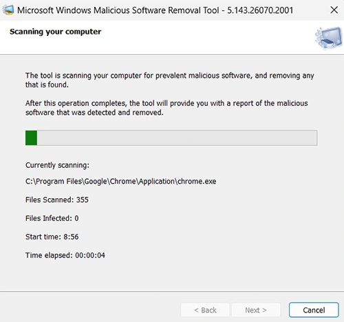 Run Microsoft Windows Malicious Software Removal Tool scan