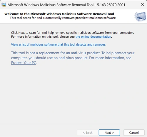 Run Microsoft Windows Malicious Software Removal Tool