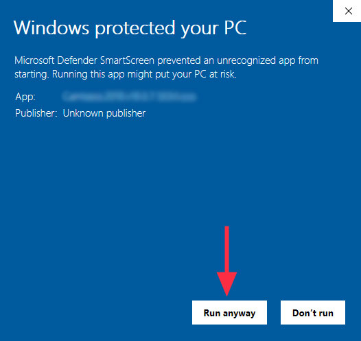 เรียกใช้ต่อไป ข้อมูลเพิ่มเติม Windows Protected PC ของคุณ  Microsoft Defender SmartScreen ป้องกันไม่ให้แอปที่ไม่รู้จักเริ่มทำงาน  การเรียกใช้แอปนี้อาจทำให้พีซีของคุณมีความเสี่ยง