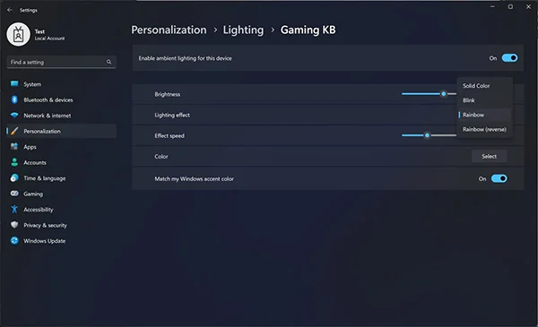 Settings > Personalization > Lighting > Gaming KB