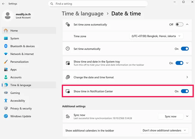 Show seconds in the Notification Center Windows 11