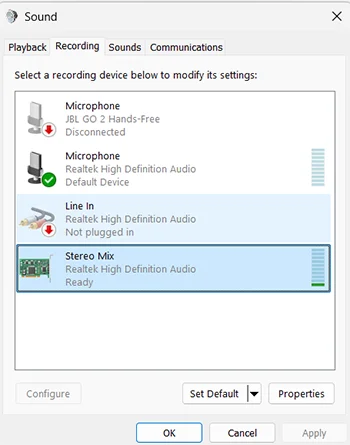 Sound Setting enable Stereo Mix