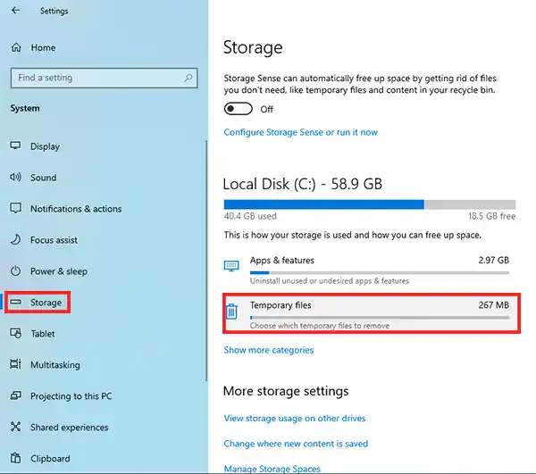 Storage Temporary files Windows 10