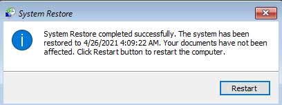 System restore completed successfully. The system has been restored to วันที่ Your documents have not been affected.