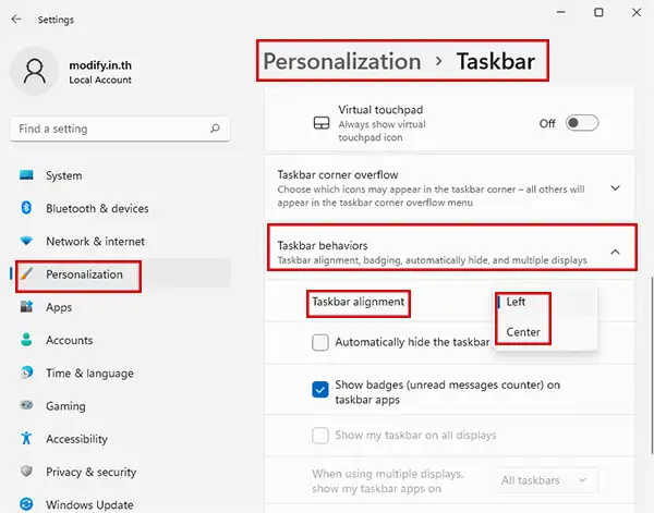 Taskbar alignment Windows 11
